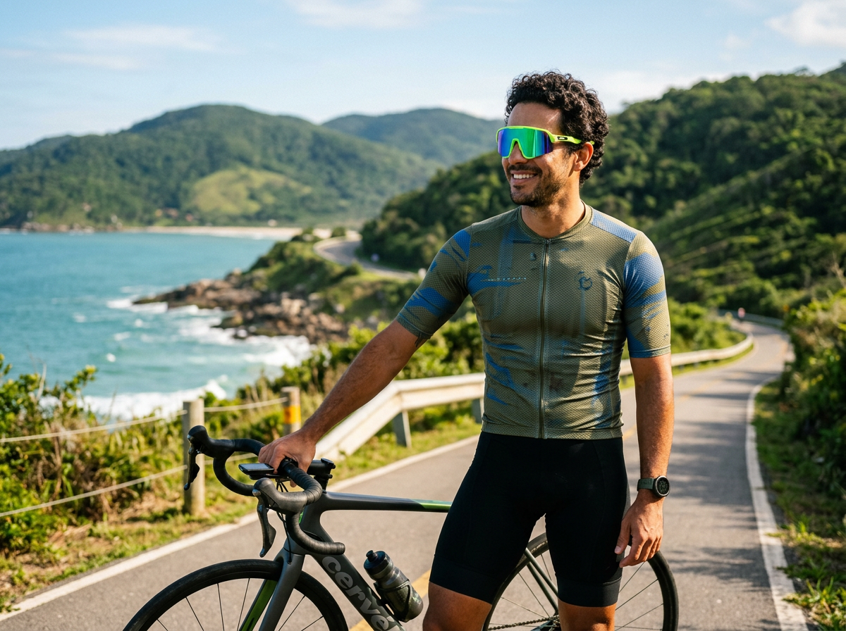 Ciclista descansando à beira-mar com óculos esportivos espelhados