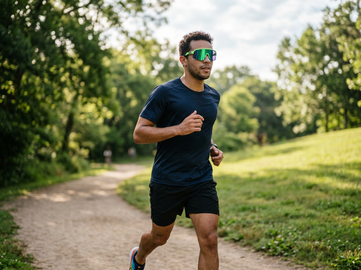 Homem correndo em uma trilha verde com óculos esportivos espelhados