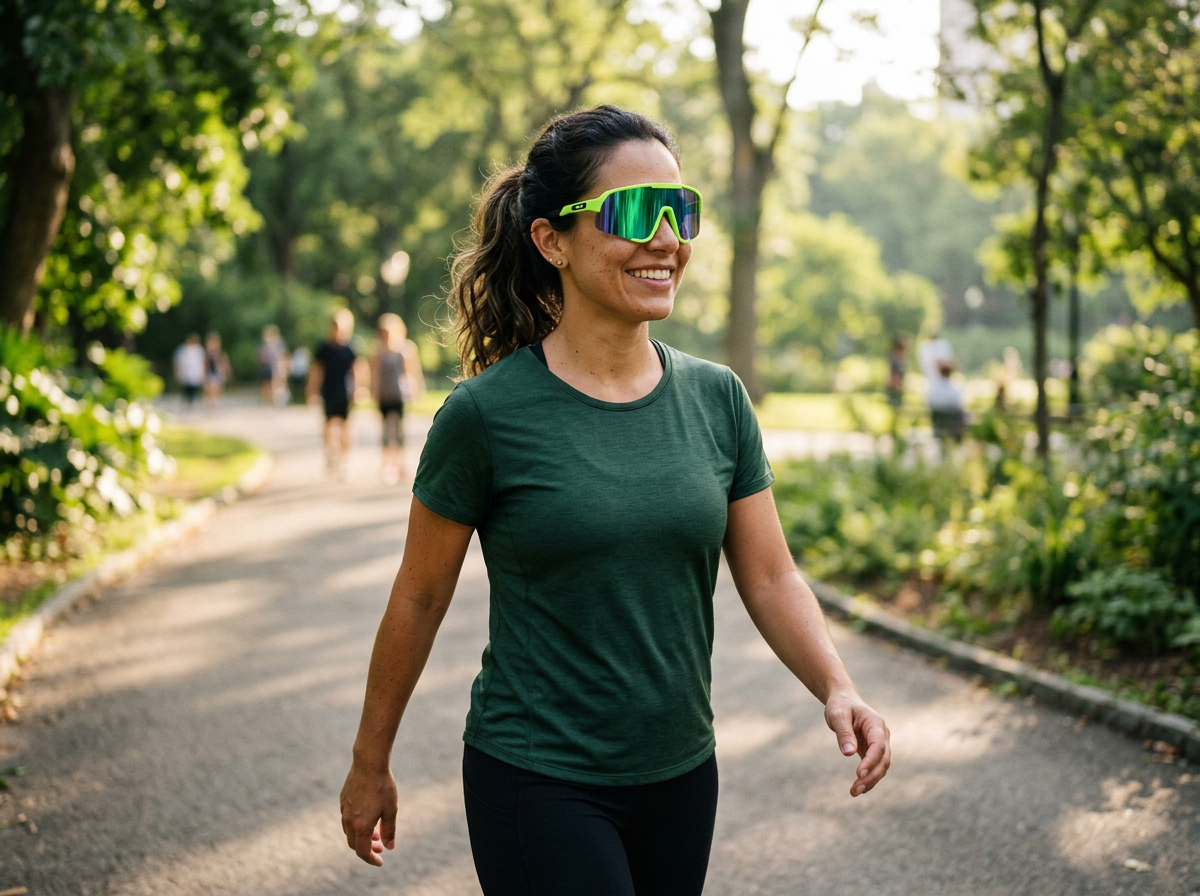 Mulher caminhando por um parque ensolarado com óculos esportivos espelhados